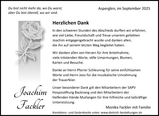 Traueranzeige von Joachim Fackler von Waiblinger Kreiszeitung