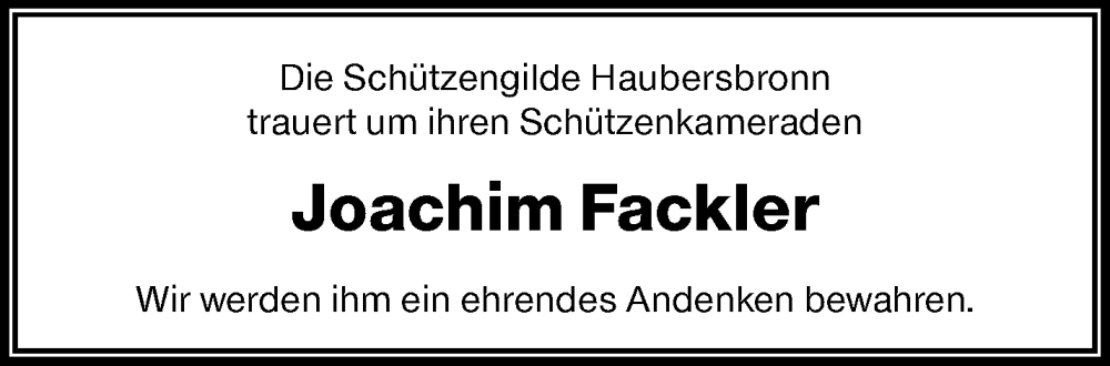  Traueranzeige für Joachim Fackler vom 06.09.2025 aus Waiblinger Kreiszeitung