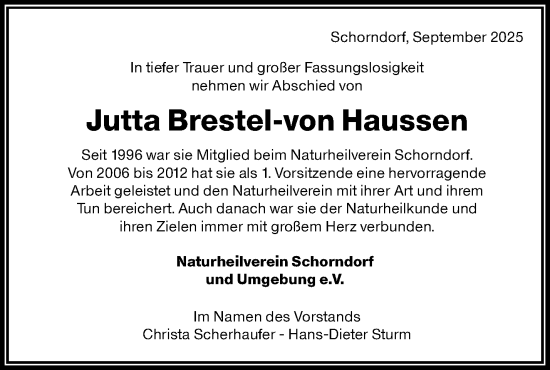 Traueranzeige von Jutta Brestel-von Haussen von Waiblinger Kreiszeitung