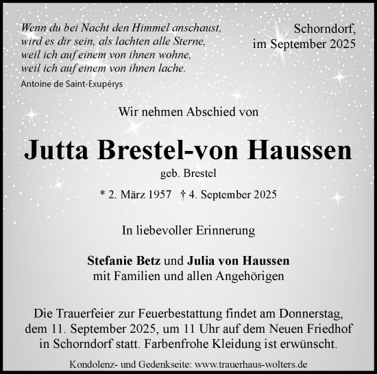 Traueranzeige von Jutta Brestel-von Haussen von Waiblinger Kreiszeitung