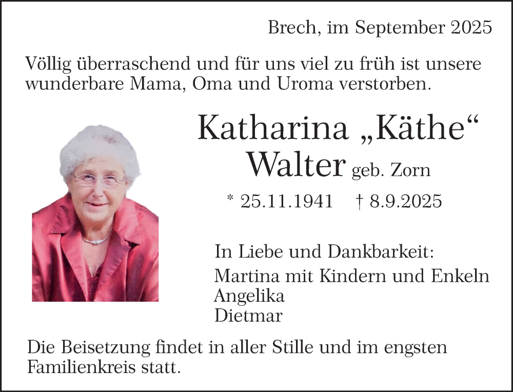  Traueranzeige für Katharina Walter vom 13.09.2025 aus Waiblinger Kreiszeitung