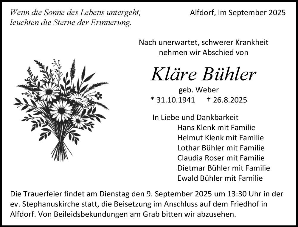  Traueranzeige für Kläre Bühler vom 05.09.2025 aus Waiblinger Kreiszeitung