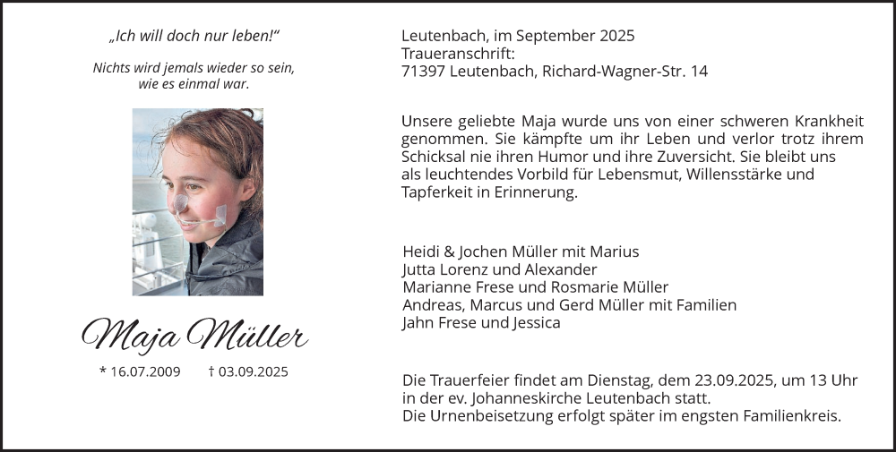  Traueranzeige für Maja Müller vom 13.09.2025 aus Waiblinger Kreiszeitung