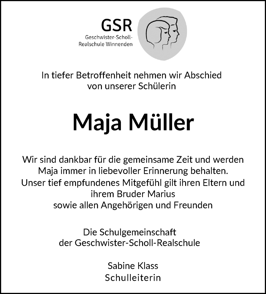  Traueranzeige für Maja Müller vom 13.09.2025 aus Waiblinger Kreiszeitung