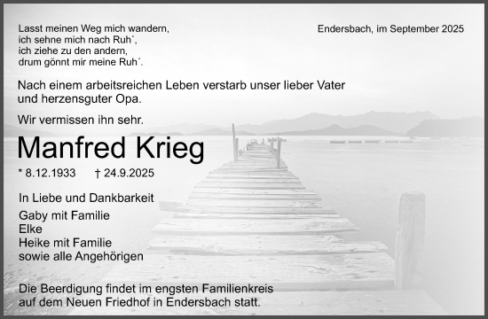 Traueranzeige von Manfred Krieg von Waiblinger Kreiszeitung
