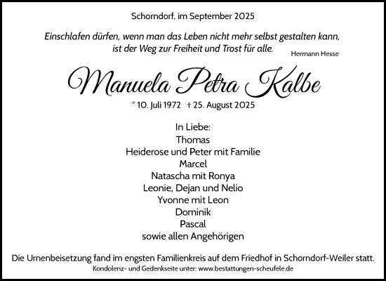 Traueranzeige von Manuela Petra Kalbe von Waiblinger Kreiszeitung