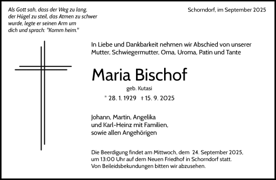 Traueranzeige von Maria Bischof von Waiblinger Kreiszeitung