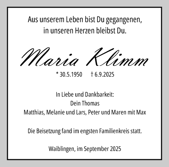 Traueranzeige von Maria Klimm von Waiblinger Kreiszeitung