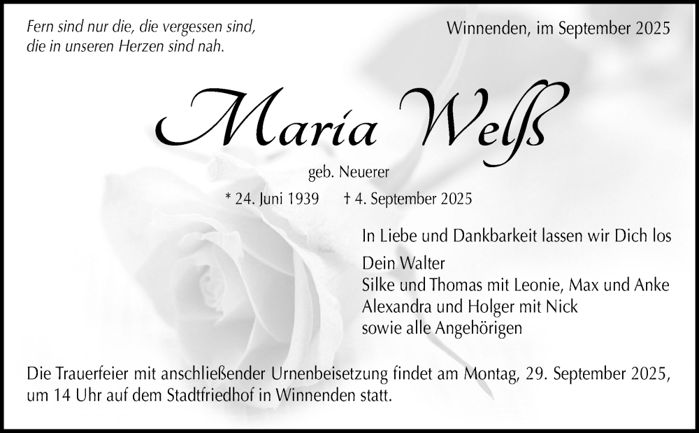  Traueranzeige für Maria Welß vom 23.09.2025 aus Waiblinger Kreiszeitung
