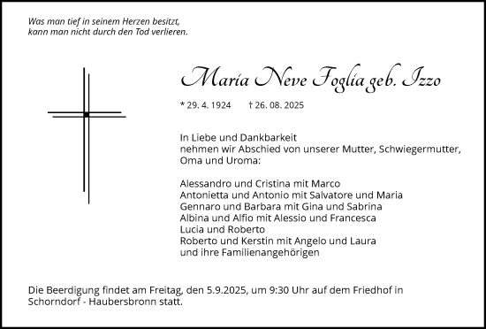 Traueranzeige von Maria Neve Foglia von Waiblinger Kreiszeitung