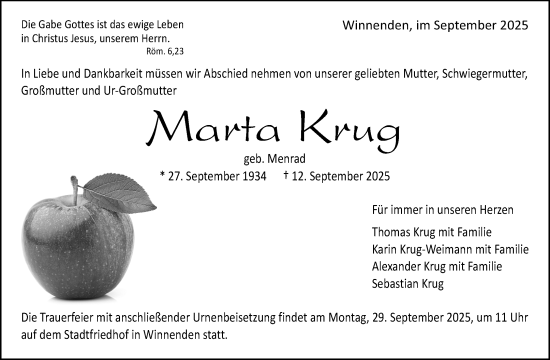 Traueranzeige von Marta Krug von Waiblinger Kreiszeitung
