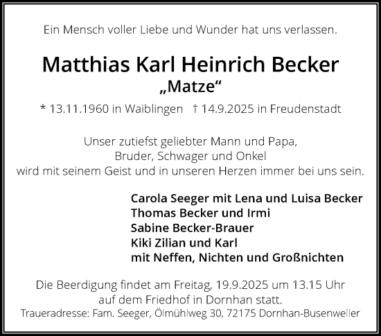 Traueranzeige von Matthias Karl Heinrich Becker von Waiblinger Kreiszeitung