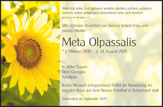 Traueranzeige von Meta Olpassalis von Waiblinger Kreiszeitung