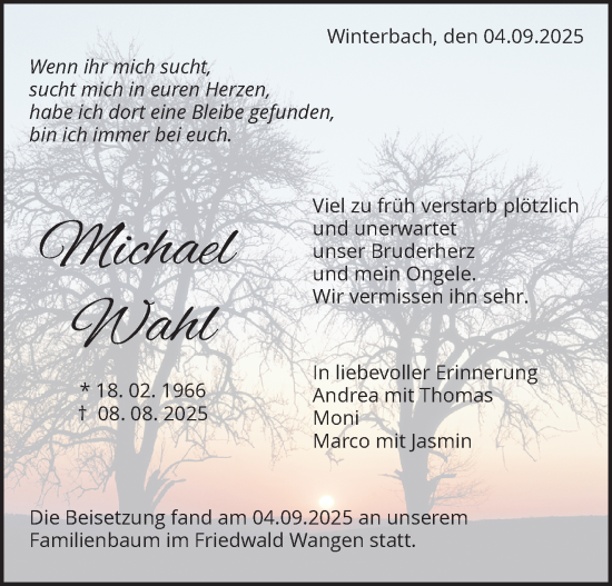 Traueranzeige von Michael Wahl von Waiblinger Kreiszeitung
