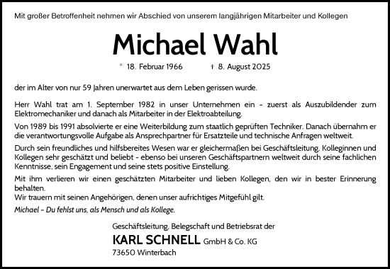 Traueranzeige von Michael Wahl von Waiblinger Kreiszeitung