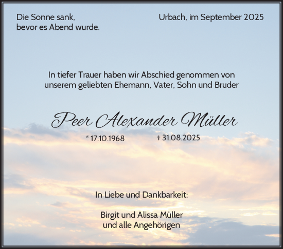 Traueranzeige von Peer Alexander Müller von Waiblinger Kreiszeitung