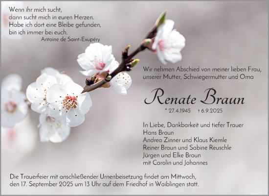 Traueranzeige von Renate Braun von Waiblinger Kreiszeitung