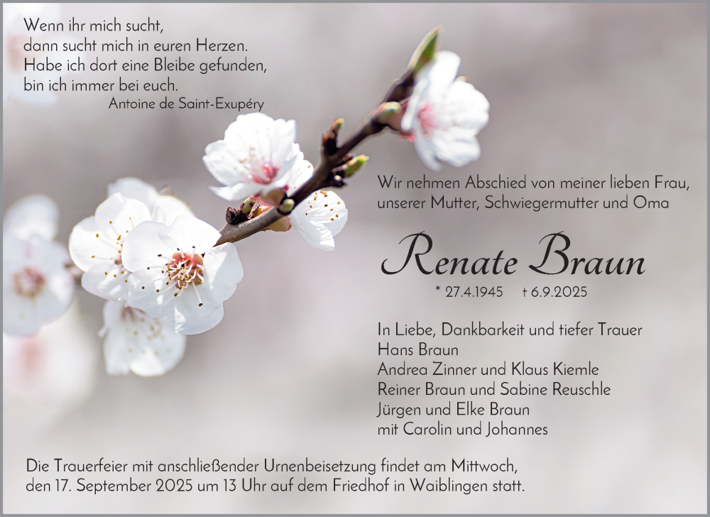  Traueranzeige für Renate Braun vom 12.09.2025 aus Waiblinger Kreiszeitung