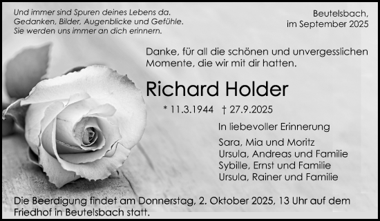 Traueranzeige von Richard Holder von Waiblinger Kreiszeitung
