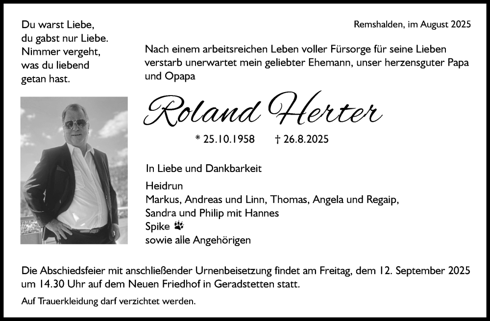  Traueranzeige für Roland Herter vom 06.09.2025 aus Waiblinger Kreiszeitung