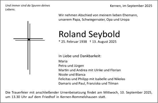 Traueranzeige von Roland Seybold von Waiblinger Kreiszeitung