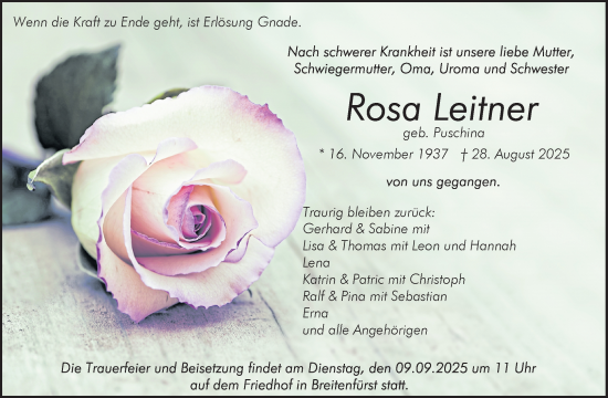 Traueranzeige von Rosa Leitner von Waiblinger Kreiszeitung