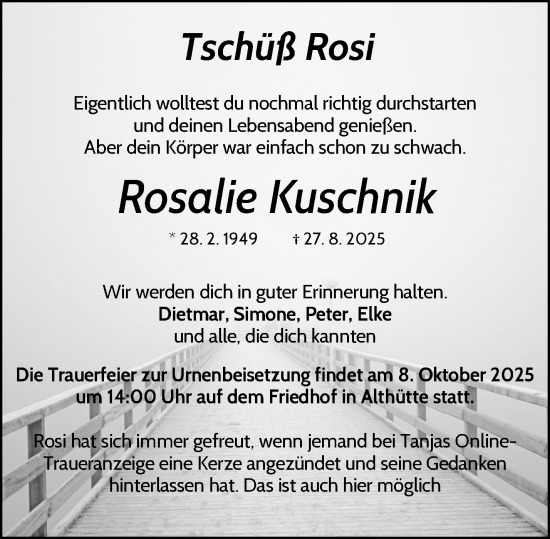 Traueranzeige von Rosalie Kuschnik von Waiblinger Kreiszeitung