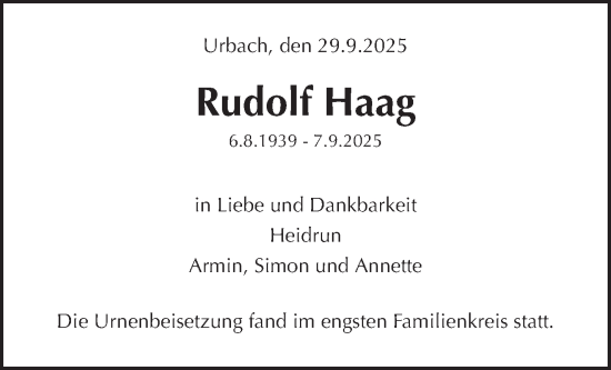 Traueranzeige von Rudolf Haag von Waiblinger Kreiszeitung