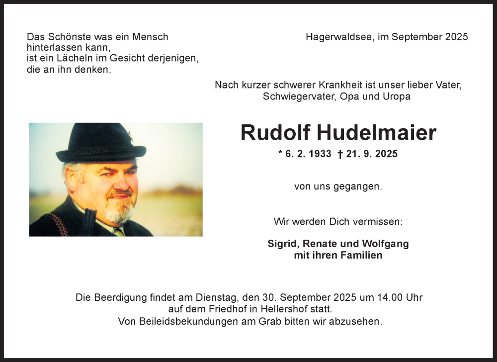  Traueranzeige für Rudolf Hudelmaier vom 27.09.2025 aus Waiblinger Kreiszeitung