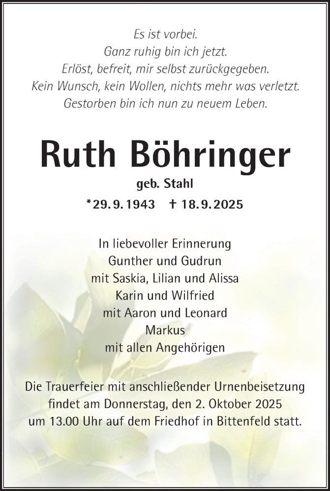  Traueranzeige für Ruth Böhringer vom 27.09.2025 aus Waiblinger Kreiszeitung