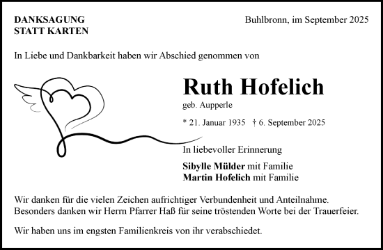 Traueranzeige von Ruth Hofelich von Waiblinger Kreiszeitung
