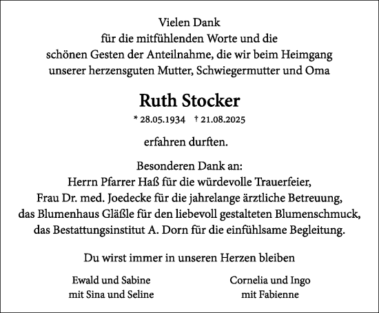 Traueranzeige von Ruth Stocker von Waiblinger Kreiszeitung
