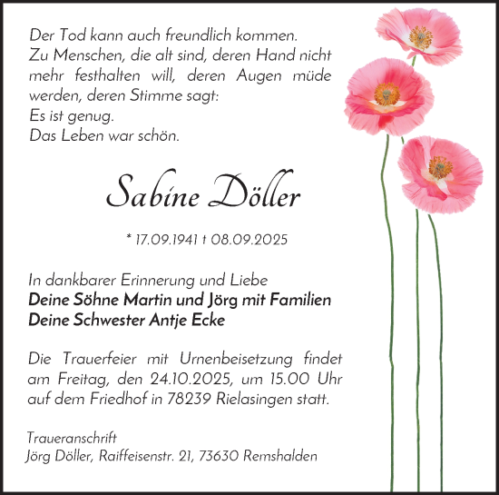 Traueranzeige von Sabine Döller von Waiblinger Kreiszeitung