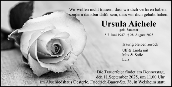 Traueranzeige von Ursula Aichele von Waiblinger Kreiszeitung