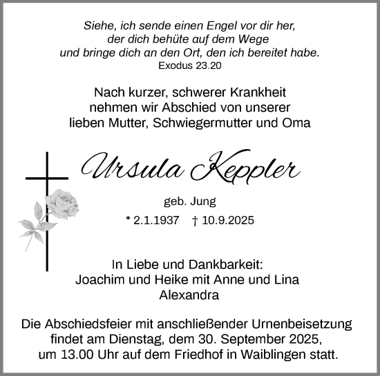 Traueranzeige von Ursula Keppler von Waiblinger Kreiszeitung
