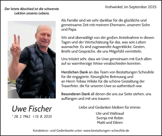 Traueranzeige von Uwe Fischer von Waiblinger Kreiszeitung
