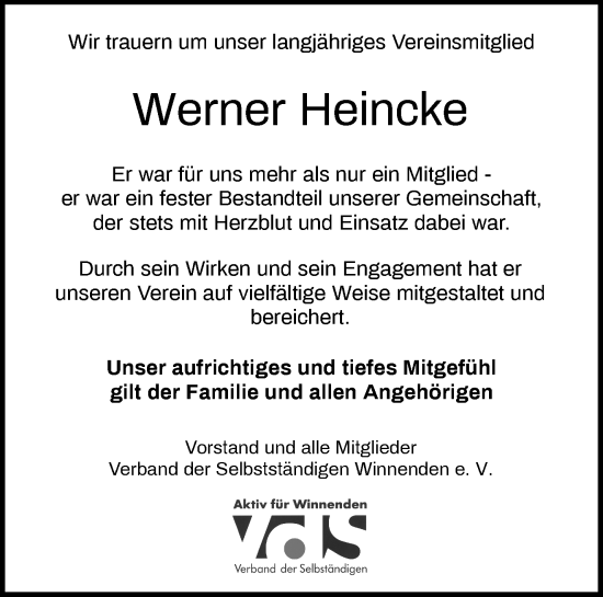 Traueranzeige von Werner Heincke von Waiblinger Kreiszeitung
