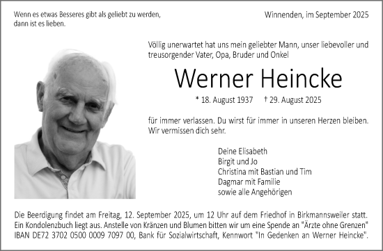 Traueranzeige von Werner Heincke von Waiblinger Kreiszeitung