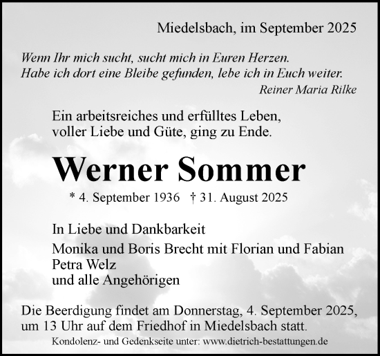 Traueranzeige von Werner Sommer von Waiblinger Kreiszeitung