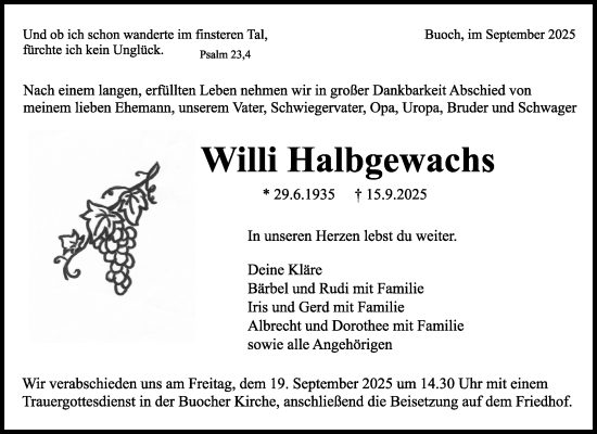 Traueranzeige von Willi Halbgewachs von Waiblinger Kreiszeitung