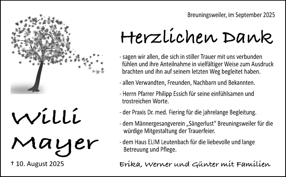  Traueranzeige für Willi Mayer vom 24.09.2025 aus Waiblinger Kreiszeitung