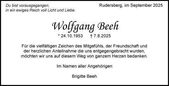 Traueranzeige von Wolfgang Beeh von Waiblinger Kreiszeitung