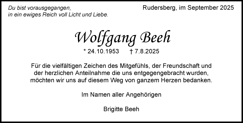  Traueranzeige für Wolfgang Beeh vom 09.09.2025 aus Waiblinger Kreiszeitung