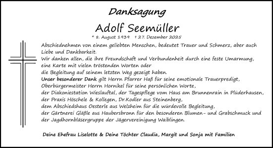 Traueranzeige von Adolf Seemüller von Waiblinger Kreiszeitung
