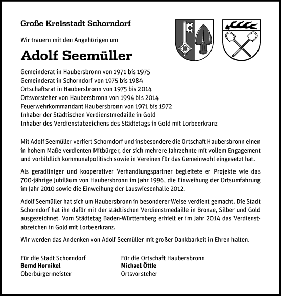 Traueranzeige von Adolf Seemüller von Waiblinger Kreiszeitung