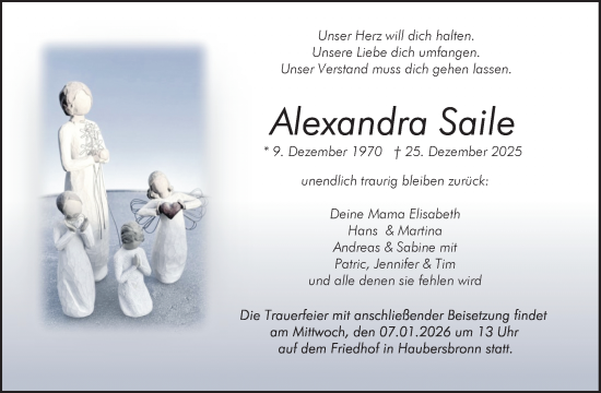 Traueranzeige von Alexandra Saile von Waiblinger Kreiszeitung
