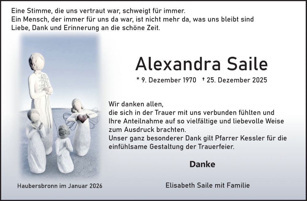  Traueranzeige für Alexandra Saile vom 24.01.2026 aus Waiblinger Kreiszeitung