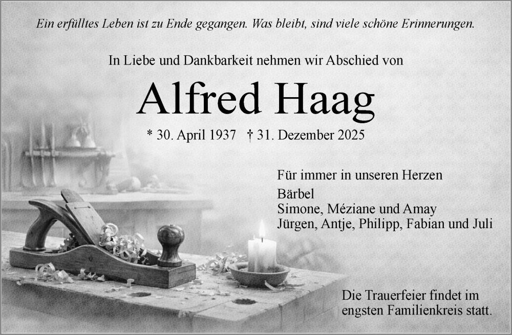  Traueranzeige für Alfred Haag vom 07.01.2026 aus Waiblinger Kreiszeitung