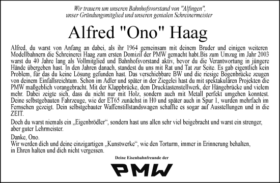Traueranzeige von Alfred Haag von Waiblinger Kreiszeitung