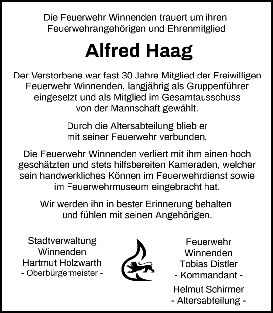 Traueranzeige von Alfred Haag von Waiblinger Kreiszeitung
